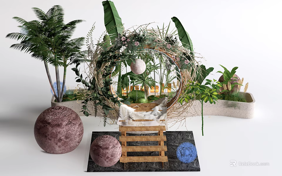 Tropical Plants Photo Check-in Spot With Wreath Decoration Wooden Ladder And Decorative Spheres 3d model 