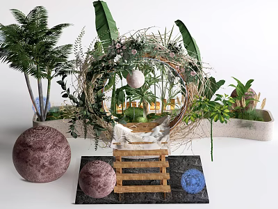 Tropical Plants Photo Check-in Spot With Wreath Decoration Wooden Ladder And Decorative Spheres 3d model