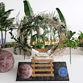 Tropical Plants Photo Check-in Spot With Wreath Decoration Wooden Ladder And Decorative Spheres