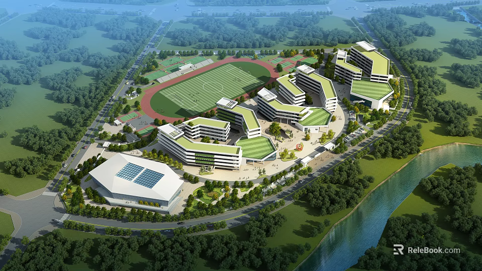 Modern School Buildings Campus Design With Solar Panels Sports Field Green Spaces And River 3d model 