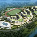 Modern School Buildings Campus Design With Solar Panels Sports Field Green Spaces And River
