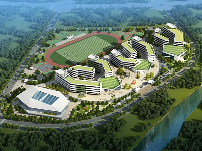Modern School Buildings Campus Design With Solar Panels Sports Field Green Spaces And River 3d model