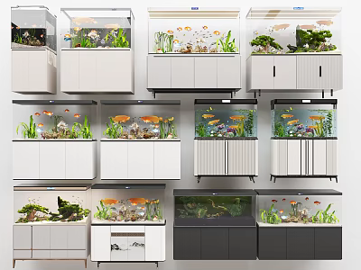 Stylish Aquarium Designs With Cabinets Aquatic Plants Colorful Fish And Decor 3d model