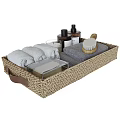 Modern Bathroom Accessories Set with Soft Towels Hanging Rack Cozy Slippers Toiletries and Green Plant