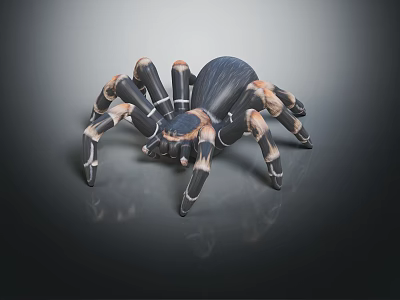 Realistic Black Brown White Spider With Striped Legs On Reflective Dark Background 3d model