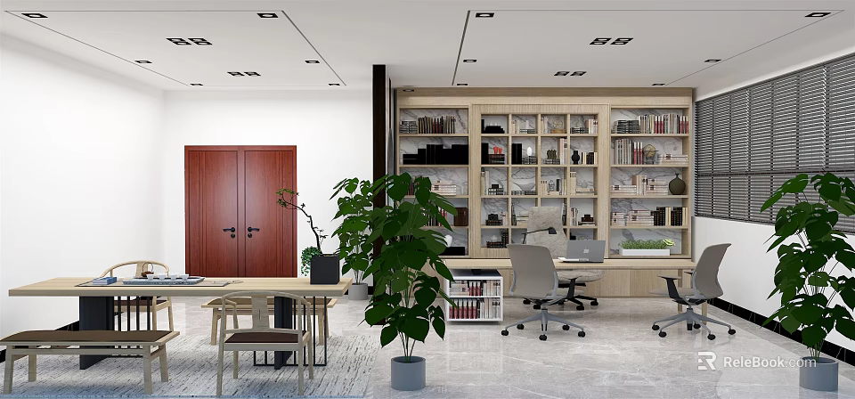 Modern Office Interior Design With Open Bookshelves Green Plant Desk Computer And Marble Floor 3d model 