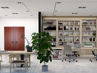 Modern Office Interior Design With Open Bookshelves Green Plant Desk Computer And Marble Floor 3d model