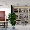 Modern Office Interior Design With Open Bookshelves Green Plant Desk Computer And Marble Floor