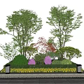 Green Shrubs With Tall Trees Red Tree Yellow Flowers Gray Trash Bins And Gray Ground