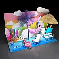 Colorful Beach Holiday Scene With Palm Tree Surfboards Flamingo And Straw Umbrella 3d model