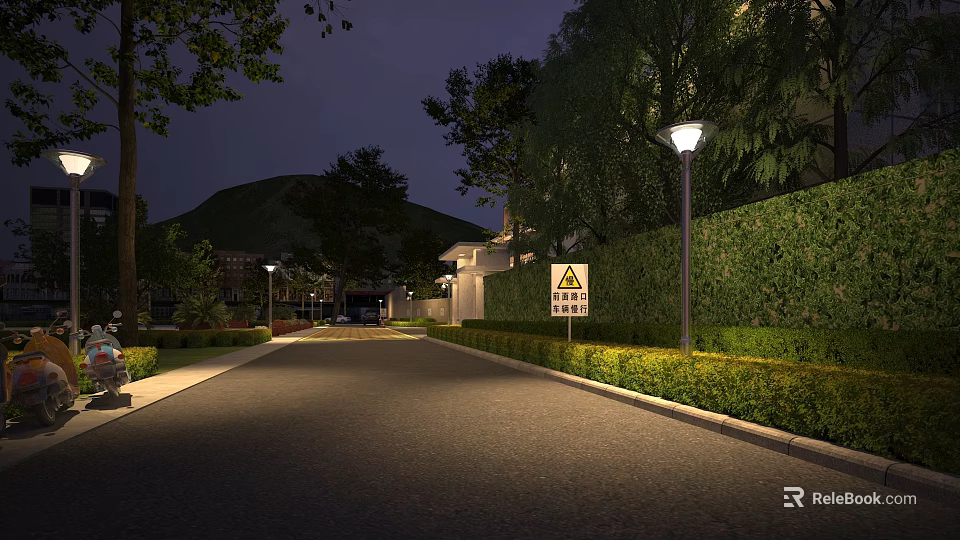 Serene Night Landscape With Illuminated Road Street Lamps Neat Hedges And Distant Hill 3d model 