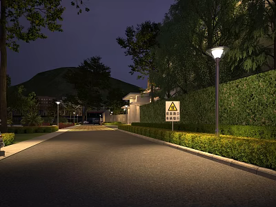 Serene Night Landscape With Illuminated Road Street Lamps Neat Hedges And Distant Hill 3d model