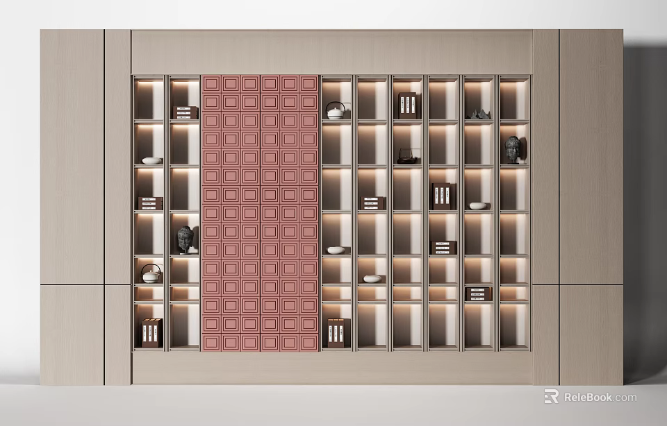 Modern Bookcase Interior Design With LED Lighting Layered Shelves Decorative Items And Patterned Red Panel 3d model