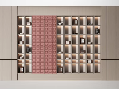 Modern Bookcase Interior Design With LED Lighting Layered Shelves Decorative Items And Patterned Red Panel 3d model