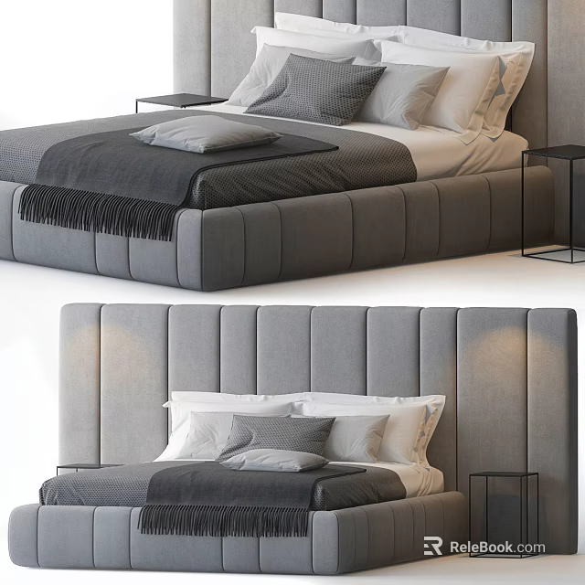 Gray Modern Double Bed With Tufted Upholstered Headboard Pillows And Side Tables 3d model
