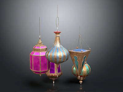 Colorful Decorative Chandeliers With Intricate Patterns And Hanging Metal Frames 3d model