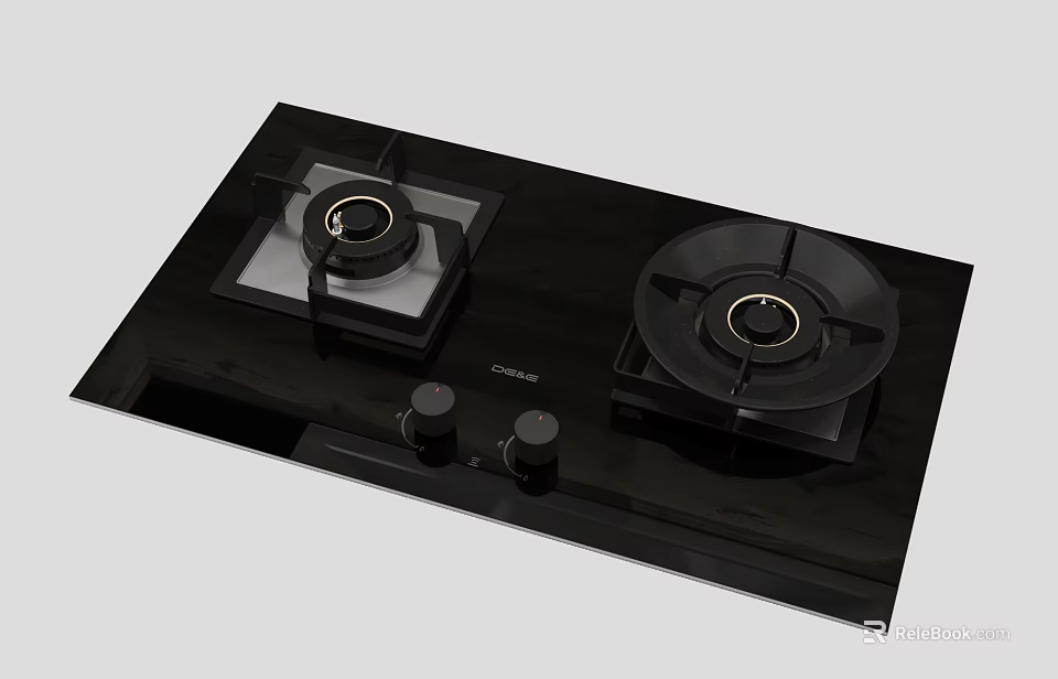Modern Black Gas Cooktop with Two Burners and Control Knobs for Kitchen 3d model 