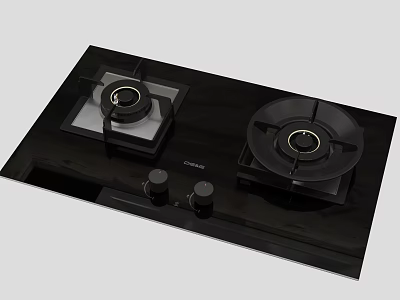 Modern Black Gas Cooktop with Two Burners and Control Knobs for Kitchen 3d model