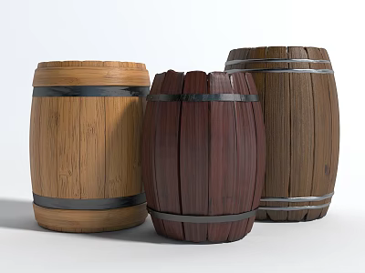 Wooden Kitchenware Barrels In Different Colors With Metal Hoops For 3d model