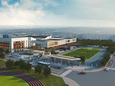 Modern Commercial Street With Contemporary Buildings Green Landscaping And Pedestrian Walkways 3d model