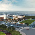Modern Commercial Street With Contemporary Buildings Green Landscaping And Pedestrian Walkways