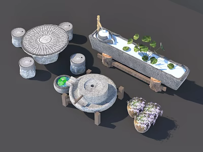 Outdoor Household Items Including Stone Mill Table Stools Trough With Plants And Flower Pots 3d model