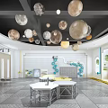 Modern School Activity Center Interior With Circular Ceiling Hanging Lights And Student Artwork 3d model