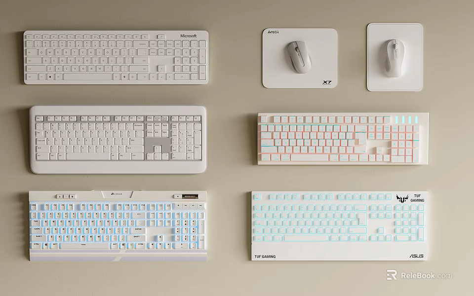 White Computer Keyboards And Mice With Various Designs Displayed On Wall 3d model 