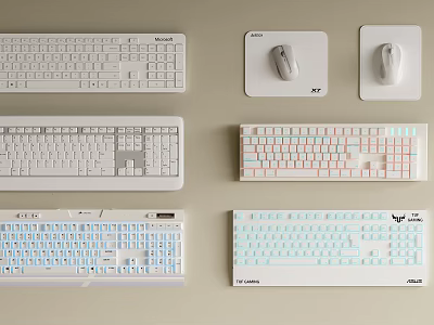 White Computer Keyboards And Mice With Various Designs Displayed On Wall 3d model