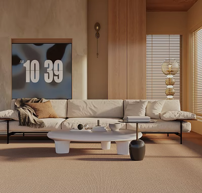 Beige Three Seater Sofa With Throw Pillows And Blanket In Modern Minimalist Living Room 3d model