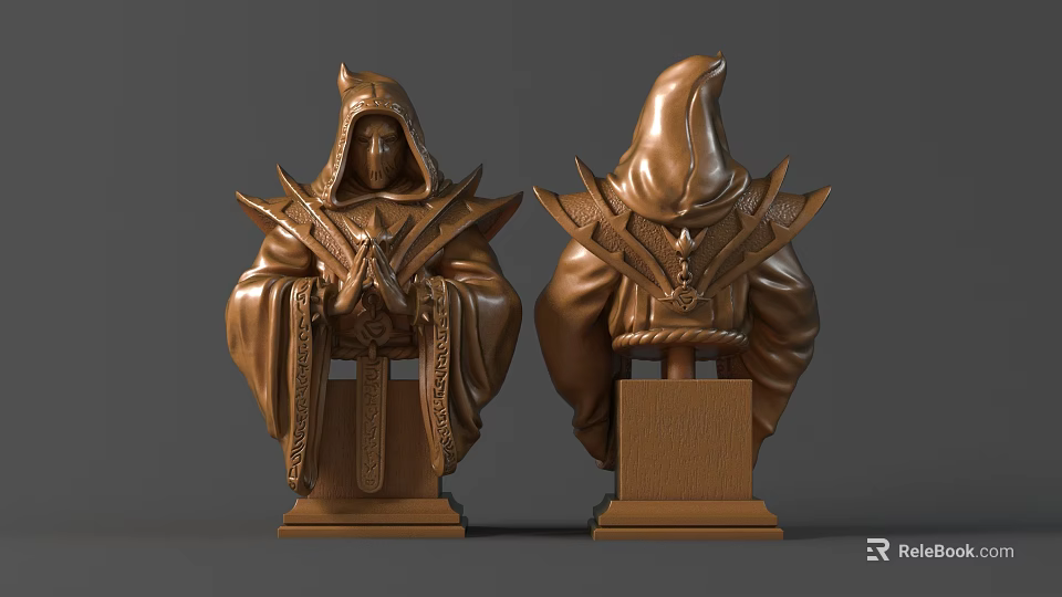 Intricately Carved Hooded Figure Bust Sculptures With Decorative Details And Square Base 3d model 
