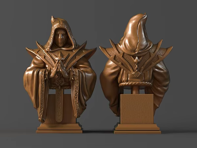 Intricately Carved Hooded Figure Bust Sculptures With Decorative Details And Square Base 3d model