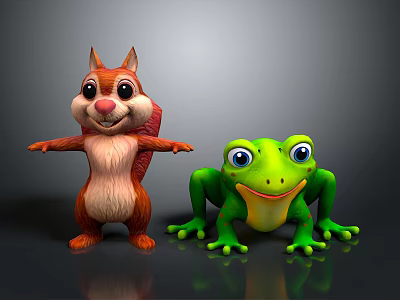 Cute Colorful Game Movie Characters With Smiling Squirrel And Green Frog 3d model