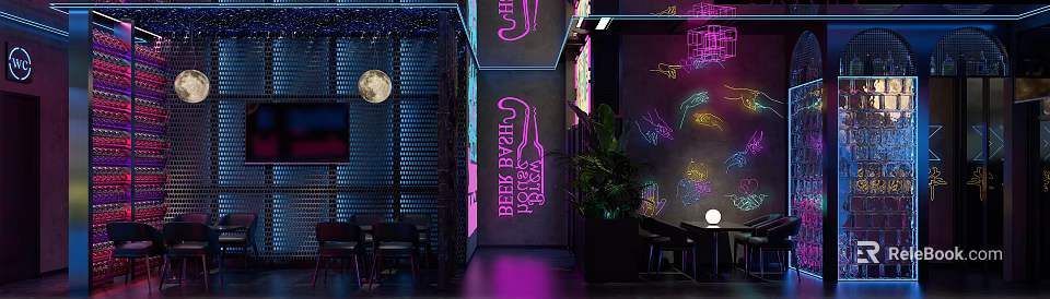 Stylish Bar Interior With Neon Beer Bottle Sign Moon Decor And Green Plants 3d model 