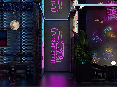 Stylish Bar Interior With Neon Beer Bottle Sign Moon Decor And Green Plants 3d model