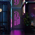 Stylish Bar Interior With Neon Beer Bottle Sign Moon Decor And Green Plants