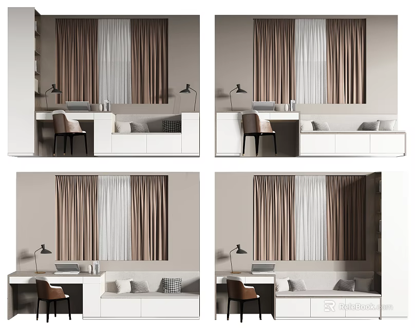 Modern Interior Space With Curtains Desk Chair Sofa And Lamp Setup 3d model 