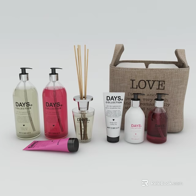 DAYS Fragrance Collection With Reed Diffusers Body Wash Bottles Hand Cream Tubes And LOVE Tote 3d model 