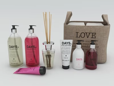 DAYS Fragrance Collection With Reed Diffusers Body Wash Bottles Hand Cream Tubes And LOVE Tote 3d model