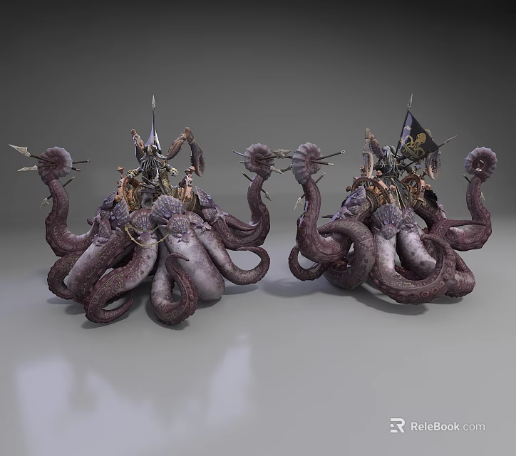 Fantasy Game Movie Character With Octopus Like Body Multiple Tentacles Riding Warrior And Flag 3d model 