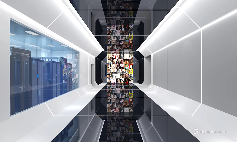 Modern Exhibition Hall Interior With Display Walls Mirrored Floors And LED Lighting 3d model 