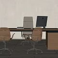 Modern Office Desk Interior With Wooden Surface Computer Monitor And Two Chairs