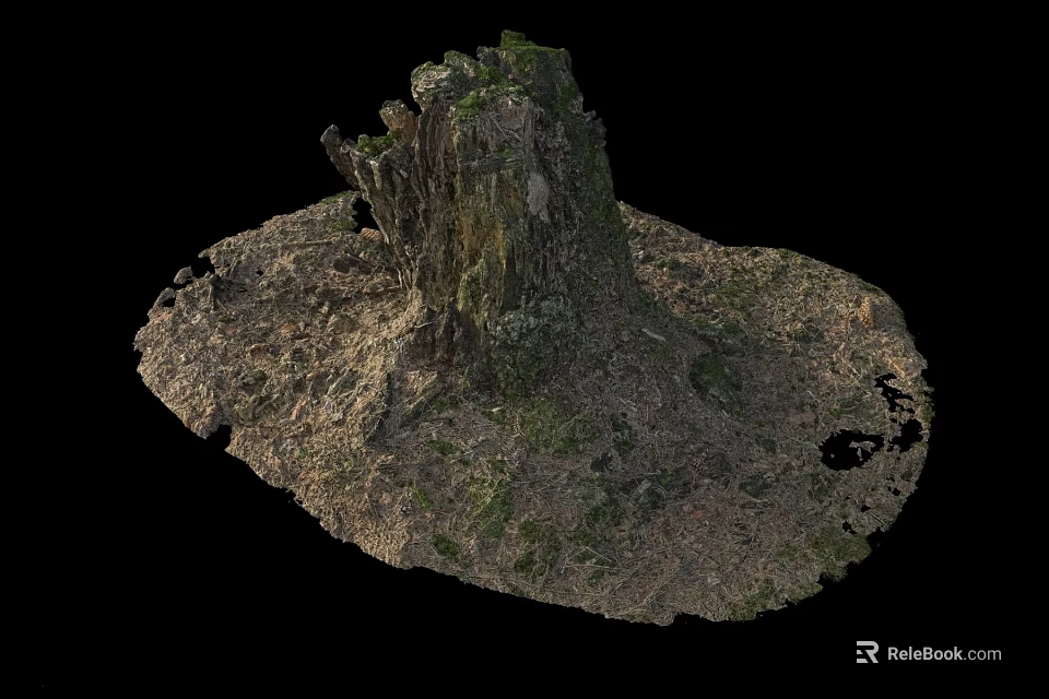 Natural Wooden Stump Surrounded by Stone Earth and Green Moss 3d model 