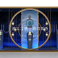 Elegant Luxury Liquor Display Window With Blue Lighting Golden Frame And Wine Bottles