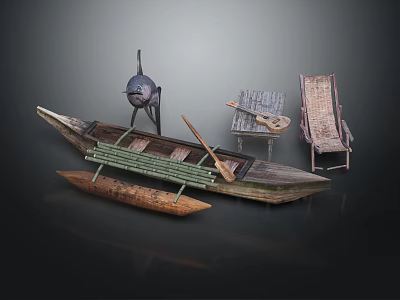 Vintage Wooden Boat Display With Smaller Boat Oars Old Chairs And Bird Statue 3d model