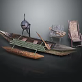 Vintage Wooden Boat Display With Smaller Boat Oars Old Chairs And Bird Statue