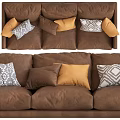 Brown Three Seater Leather Sofa with Orange and Geometric Patterned Decorative Pillows 3d model