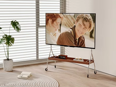 TV on Rolling Wooden Stand in Living Room With Potted Plant and Window Blinds 3d model