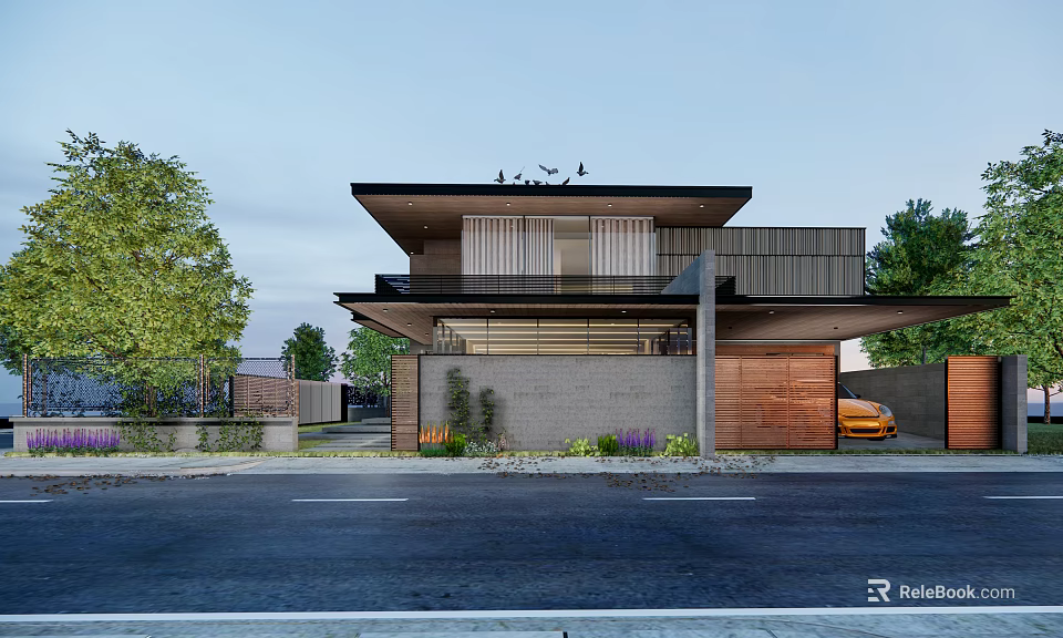 Modern Detached House Exterior With Flat Roof Large Windows And Wooden Panels 3d model 