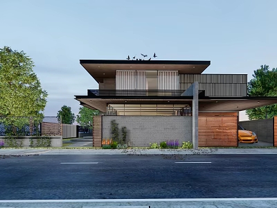Modern Detached House Exterior With Flat Roof Large Windows And Wooden Panels 3d model